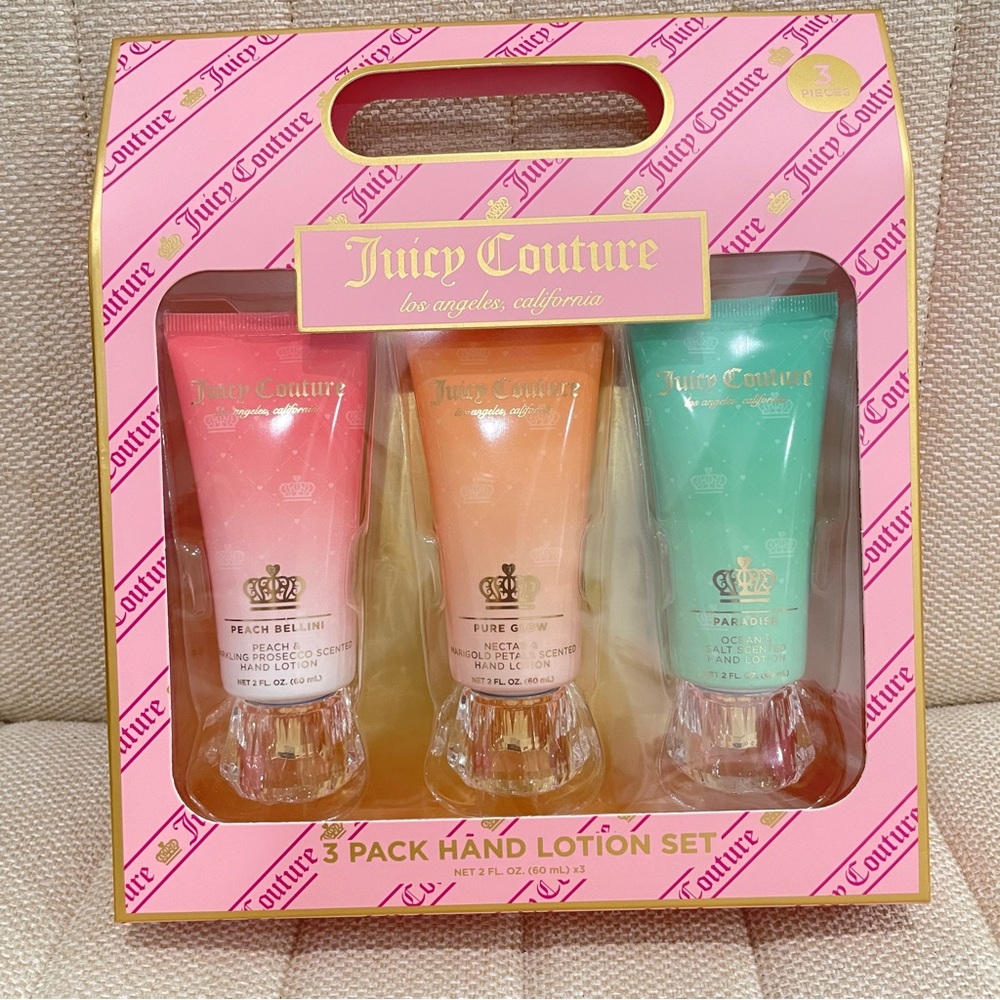 NEW Juicy Couture 3 Pack Hand Lotion Peach Bellini Pure Glow Paradise 2oz Tubes